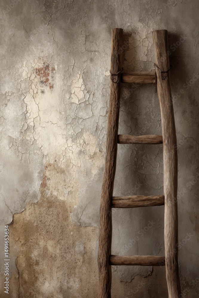 Poster rustic wooden ladder leaning against a textured wall in a studio setting with neutral tones and a vi
