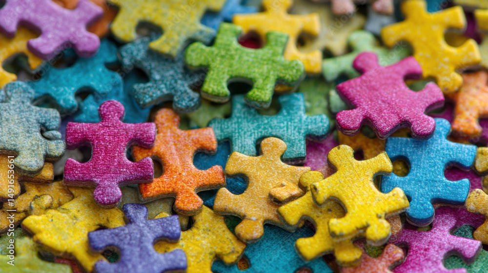 Poster Colorful Puzzle Pieces Close Up Overhead Shot Concept of Problem Solving Creativity and Teamwork in Studio