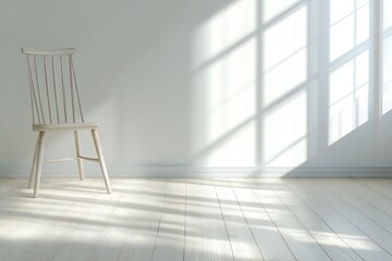 Minimalist room with wooden chair sunlight and geometric shadows