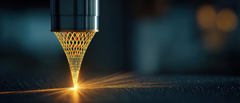 Industrial Laser Cutting Machine Engraving Metal Sheet Close Up Abstract View Precision Manufacturing Technology