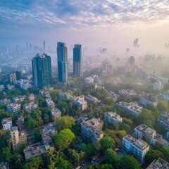 Fototapeta premium Mumbai cityscape aerial view at dawn with fog and skyscrapers, urban landscape photography, lush green trees and buildings