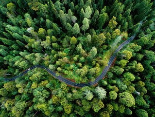 Aerial view of cars driving on winding road through lush green forest canopy travel photography adventure