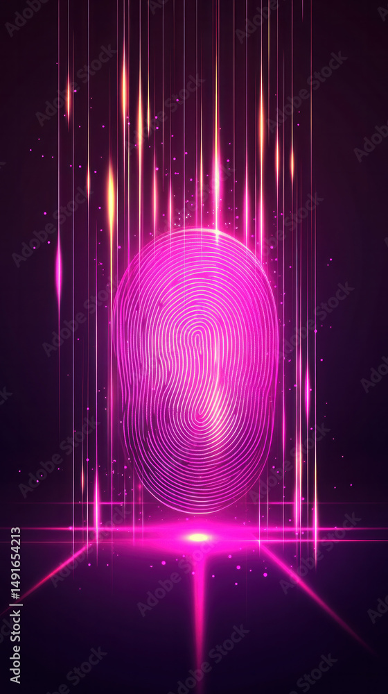 Poster a purple image of a fingerprint with a glowing outline. the image has a futuristic and abstract feel