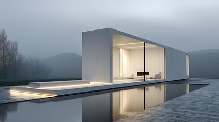 Modern Minimalist House by Water with Reflective, Serene, and Architecture.