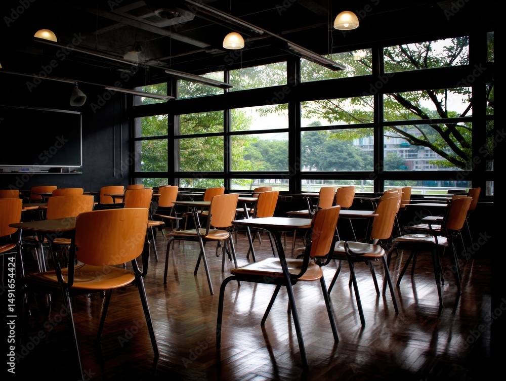 Poster empty classroom interior with chairs and desks in rows near window view of trees and buildings; low 