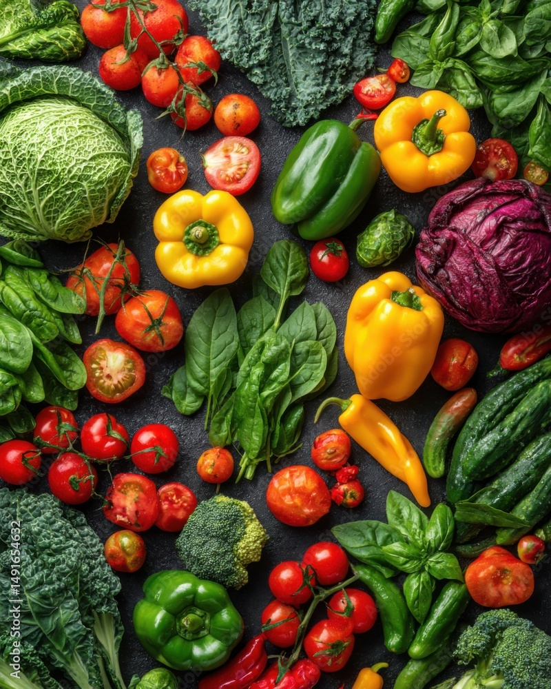 Poster overhead flat lay of fresh vegetables including peppers tomatoes cabbage spinach and cucumbers on da