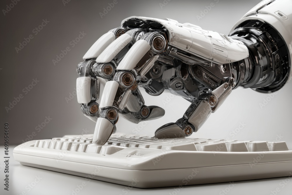 Leinwandbilder robot hand typing on keyboard close up studio shot artificial intelligence concept future technology