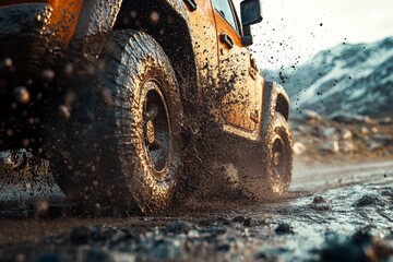 A car's wheel splashes mud on the road, close-up of wheels and tires in motion. The scene is captured with a wide-angle lens, emphasizing dynamic movement. 