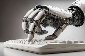 Robot hand typing on keyboard close up studio shot artificial intelligence concept future technology robotic arm automation
