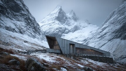 Mountain Cabin Retreat Snow Peaks and Modern Architecture.