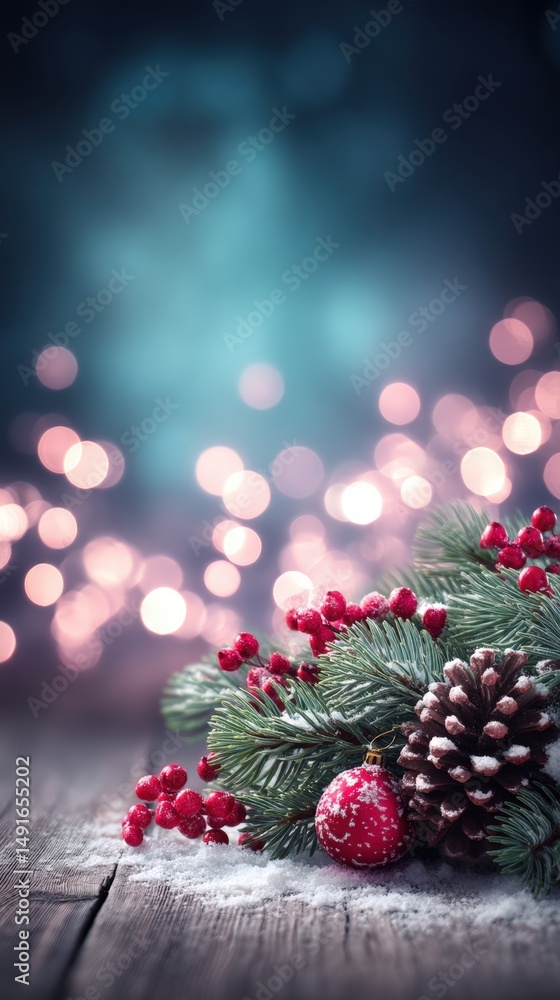 Poster close-up of a pine cone surrounded by red berries and additional pine cones on a natural background.