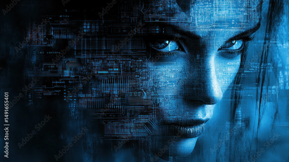 Poster a woman's face is shown in a blue background with a lot of computerized elements. the image is a pos