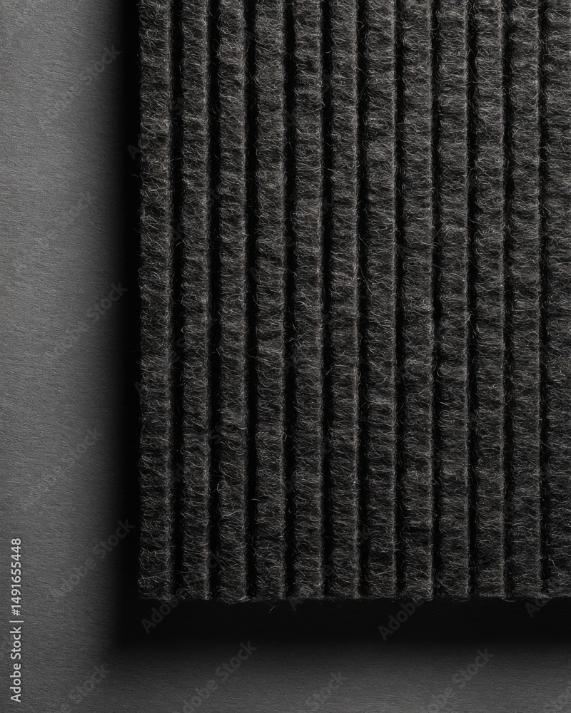 Poster Close up of charcoal gray ribbed carpet texture showing vertical lines and soft fibers studio shot for backgrounds and design elements