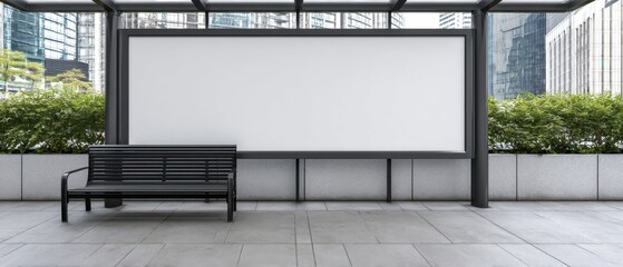 Fototapeta premium Billboard Mockup in Cityscape Setting with Bench and Greenery for Advertisement Display Urban Environment