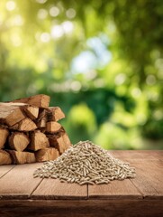 Wood pellets and firewood on rustic wooden table in a garden setting close up view of renewable energy source for heating