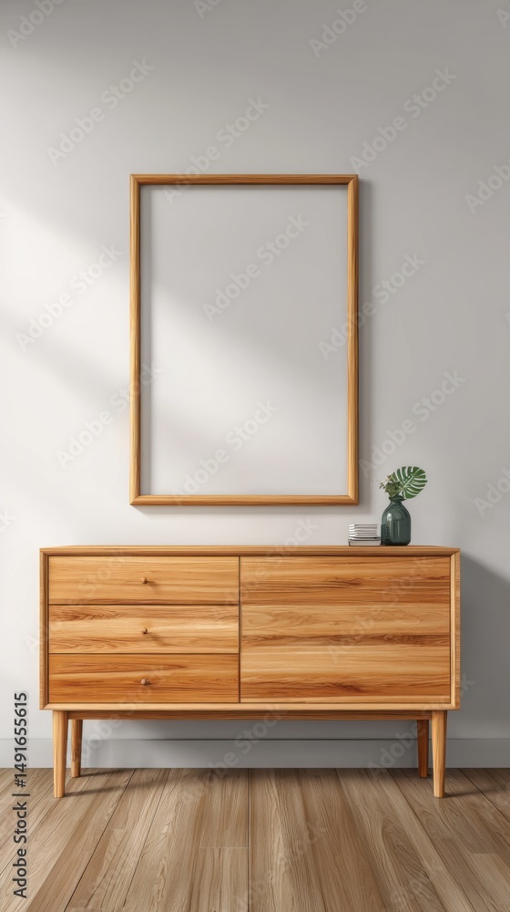 Poster interior mockup featuring wooden sideboard with frame above in minimalist style home setting, soft l