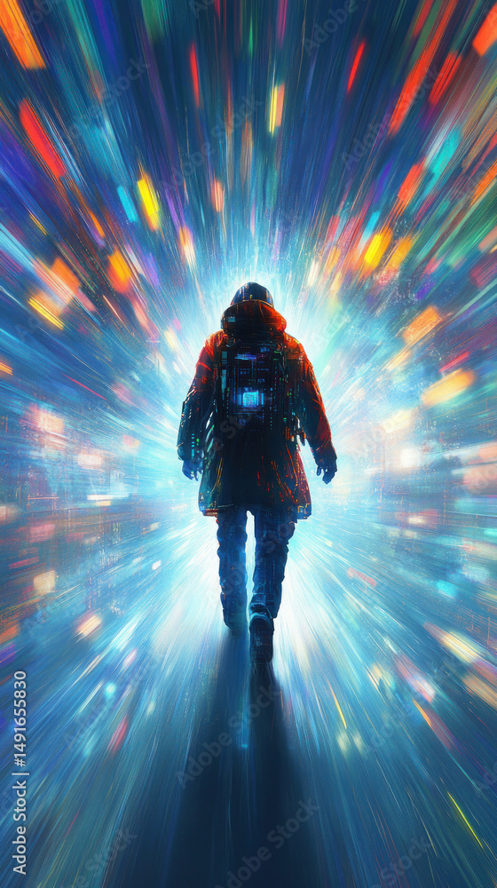 Poster a man in a space suit walks through a tunnel of light. the image is a futuristic, sci-fi scene with 