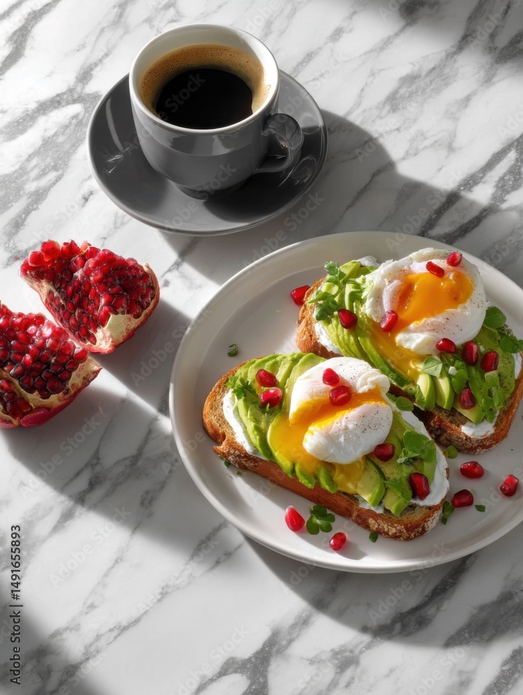 Poster avocado toast with poached eggs and pomegranate seeds served with coffee on marble table top view
