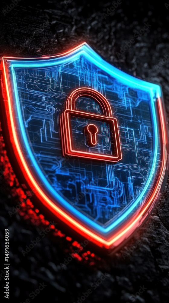 Poster a neon blue and red shield with a keyhole in the middle. the shield is a symbol of protection and se