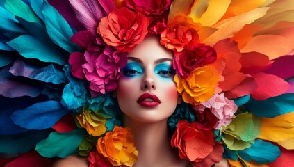 Naklejka premium A colorful female model with huge wings made of paper flowers, with bold makeup and hair styled in vibrant colors. The background is filled with an array of bright hues