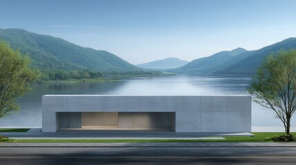 Lakeside Modern Concrete architecture blends natures beauty in serene landscape.