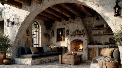 Rustic Mediterranean Patio Design with Fireplace and Cozy Seating Relaxing Outdoor Living Space