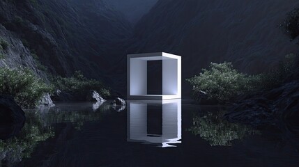 Portal Cube Reflective geometry in calm mountain lake scene.