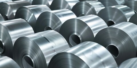 A pile of silver-colored metal rolls with a metallic sheen, arranged in a pile with a focus on the edges and surfaces of the rolls.