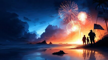 Silhouette of Soldiers Watching Fireworks on a Tropical Beach at Sunset - Powered by Adobe