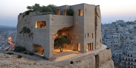 Cliffside Residence Carved architecture blending nature and urban views.