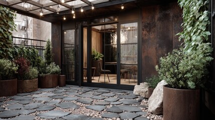 Cozy urban patio oasis with plants with lights, and and stone pavers.