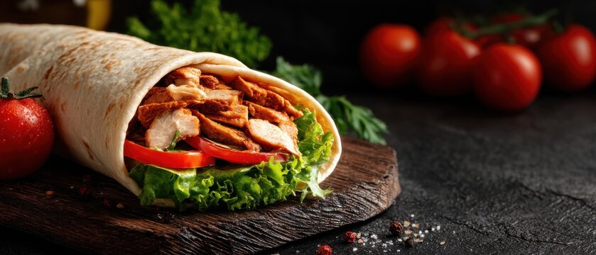 Chicken Shawarma Wrap Close-Up Shot on Wooden Board with Tomatoes in Background Delicious Middle Eastern Food
