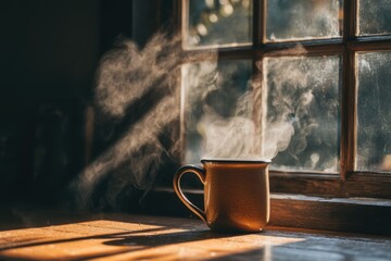 Steaming Coffee Mug on Wooden Sill by Window in Morning Light Still Life Warmth and Cozy Interior