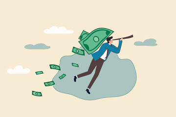 Financial success, make profit from investment opportunity, money management and wealth preservation concept, rich businessman flying with money banknote wings using telescope to see future vision.