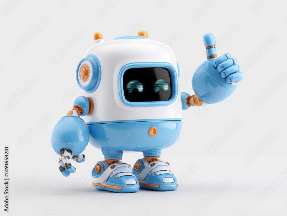 Aufkleber cute blue and white robot pointing up on white background studio shot innovative artificial intellig