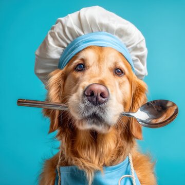 Golden Retriever dog chef holding spoon in mouth against blue background studio shot close up adorable