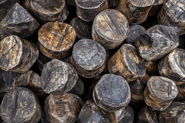 Stacked round dark brown and grey objects