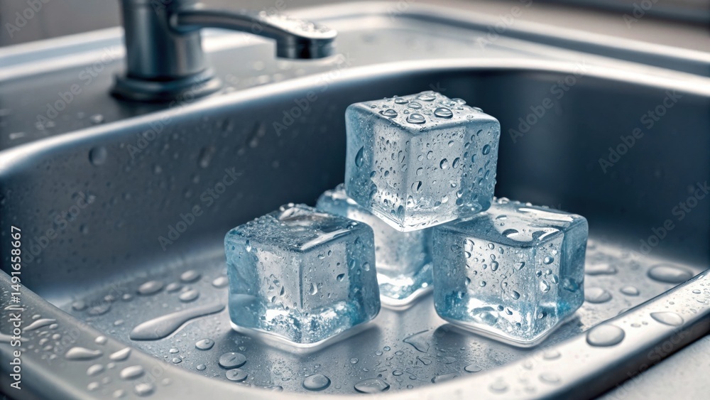 Poster ice cubes resting in a sink, glistening with water droplets, create a refreshing image.