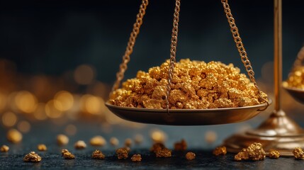 Golden nuggets on balance scale symbolizing wealth, value, and precious metals in financial and economic contexts