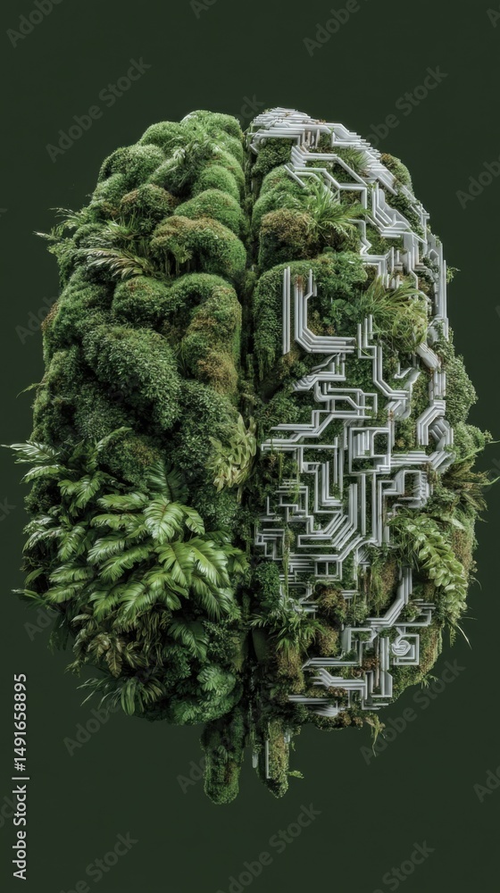 Poster Biophilic Design Brain Concept Representing Nature and Technology in Harmony Vertical Composition