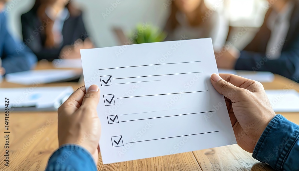 Poster a person holds a checklist in a meeting, focusing on task completion and organization in a professio