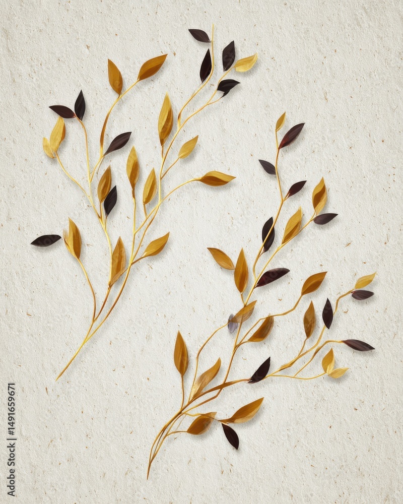 Aufkleber golden branches with leaves on textured background artful composition studio shot elegant design