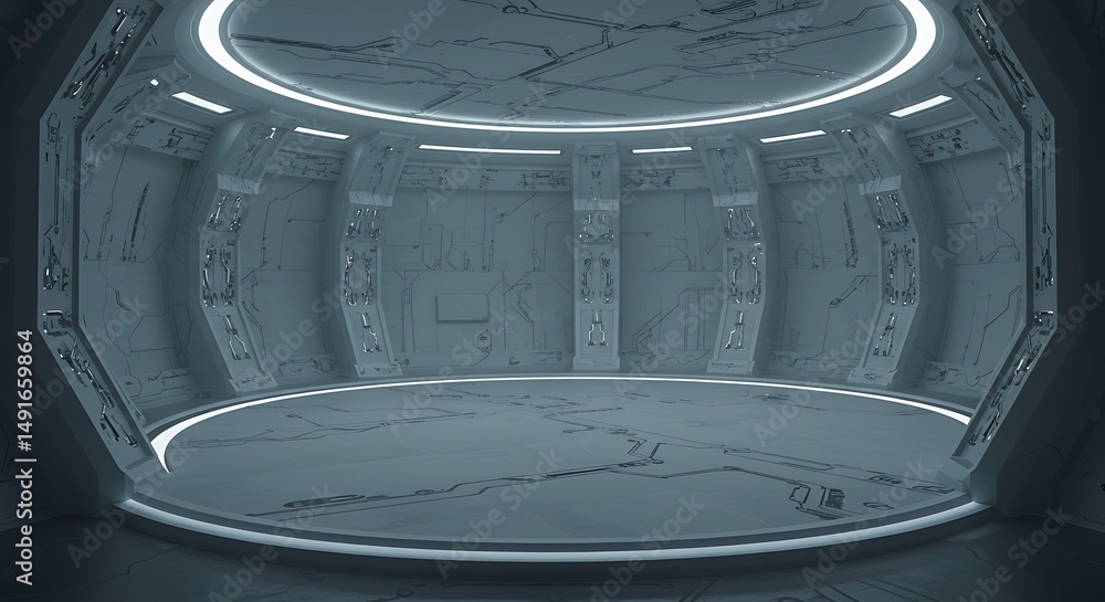 Poster empty room, circular technological structure building