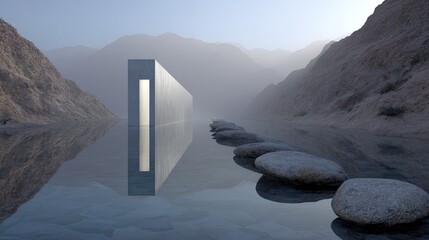 Tranquil Gateway Minimalist Architecture Reflecting in Mountain Lake.