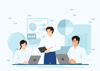 B2B team meeting with professionals discussing strategies. Vector illustration