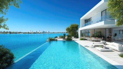 Waterfront Dream Infinity Pool with Modern Villa, and Skyline View.
