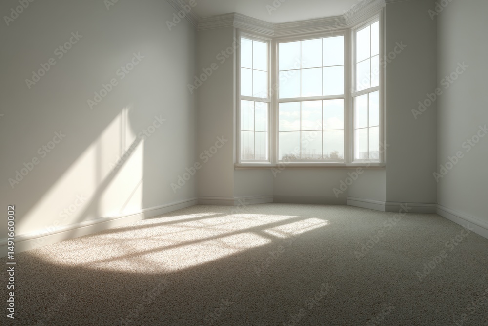 Poster empty room interior with bay window and sunlight casting shadows on the carpet floor in a house or a