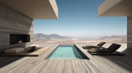 Desert Oasis Luxury pool with mountain view under blue sky.