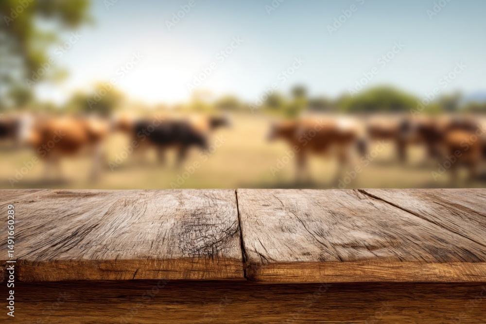 Aufkleber rustic wooden table surface with blurred cattle grazing in a sunlit pasture rural farm setting backg