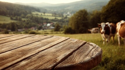 Rustic wooden table surface with blurred cows grazing in a scenic mountain pasture landscape on a sunny day rural idyllic scene